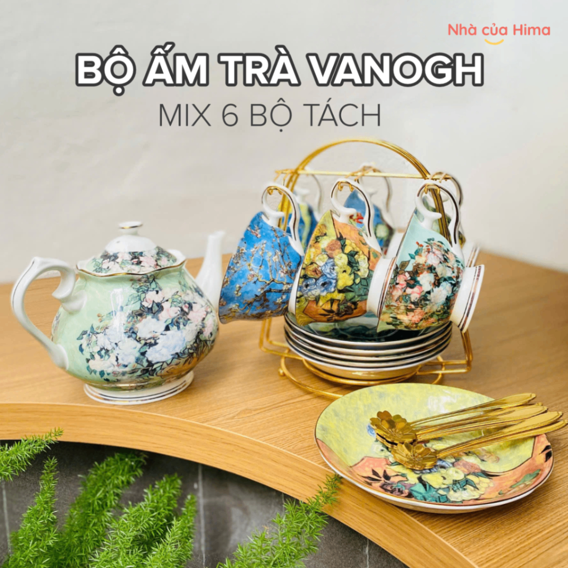 Bộ ấm trà Vangogh Mix 6 tách + ấm trà hoa hồng