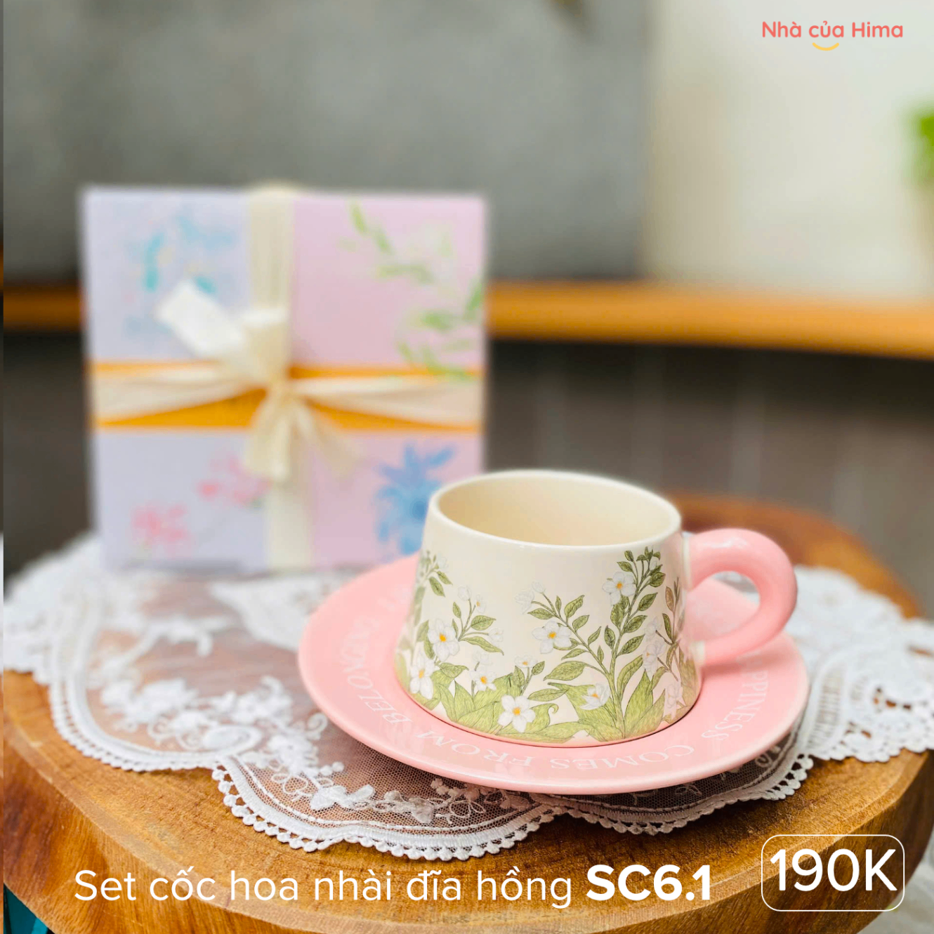 Set cốc & đĩa quà tặng thắt nơ hoa nhài hồng SC6.1