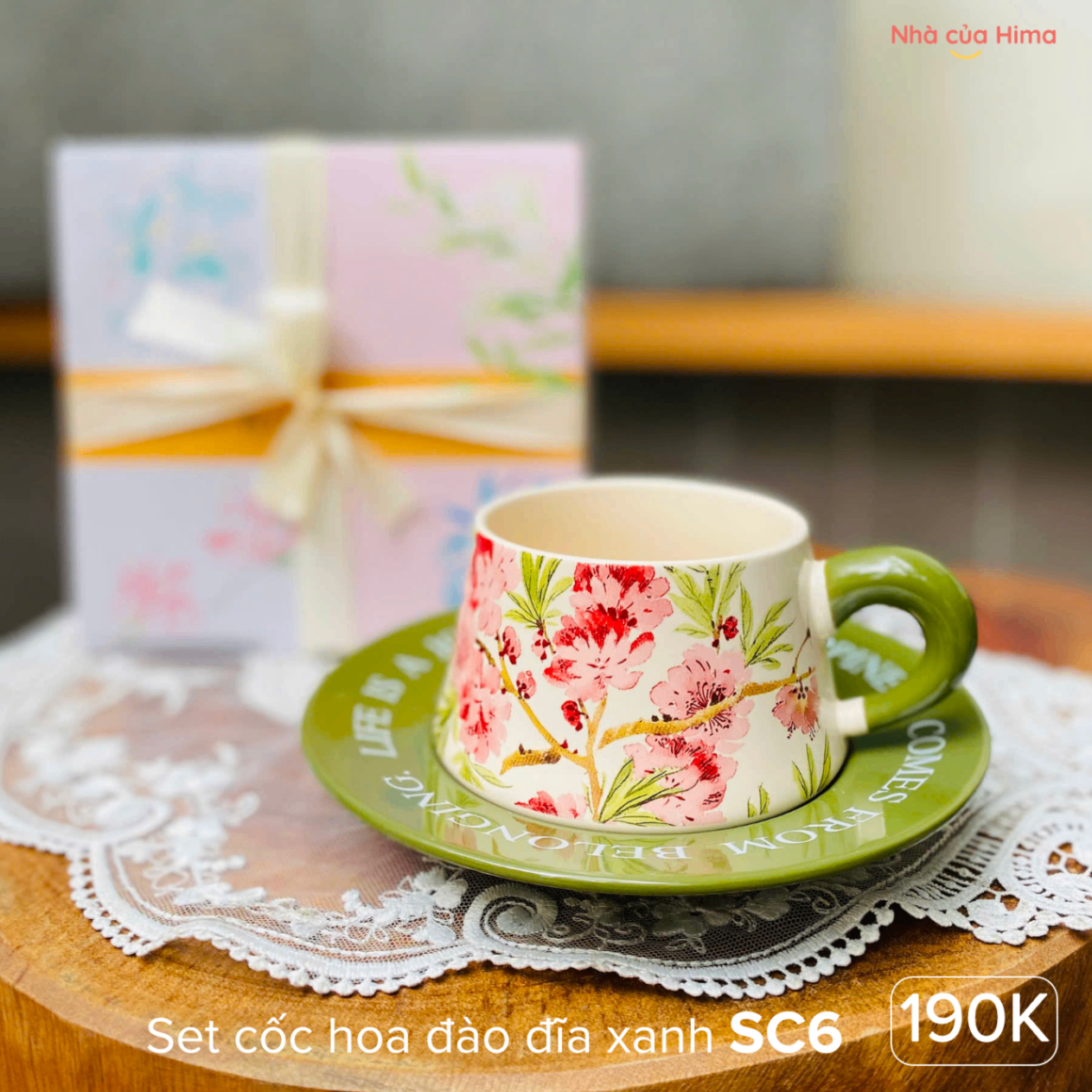 Set cốc hoa đào đĩa xanh kèm hộp quà đẹp thắt nơ SC6