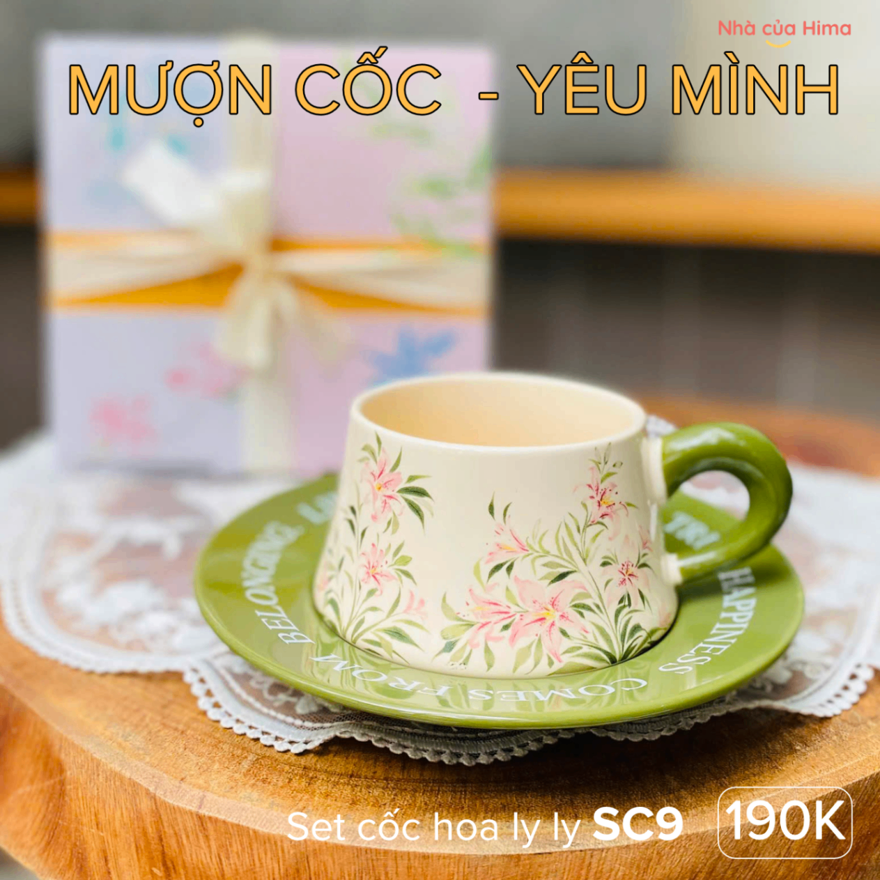 Set cốc hoa ly ly đĩa xanh kèm hộp quà đẹp thắt nơ SC9