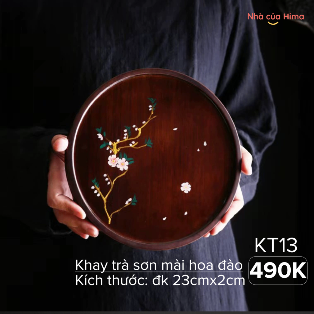 Khay trà tre sơn mài hình tròn hoa đào vẽ tay (23×2cm)