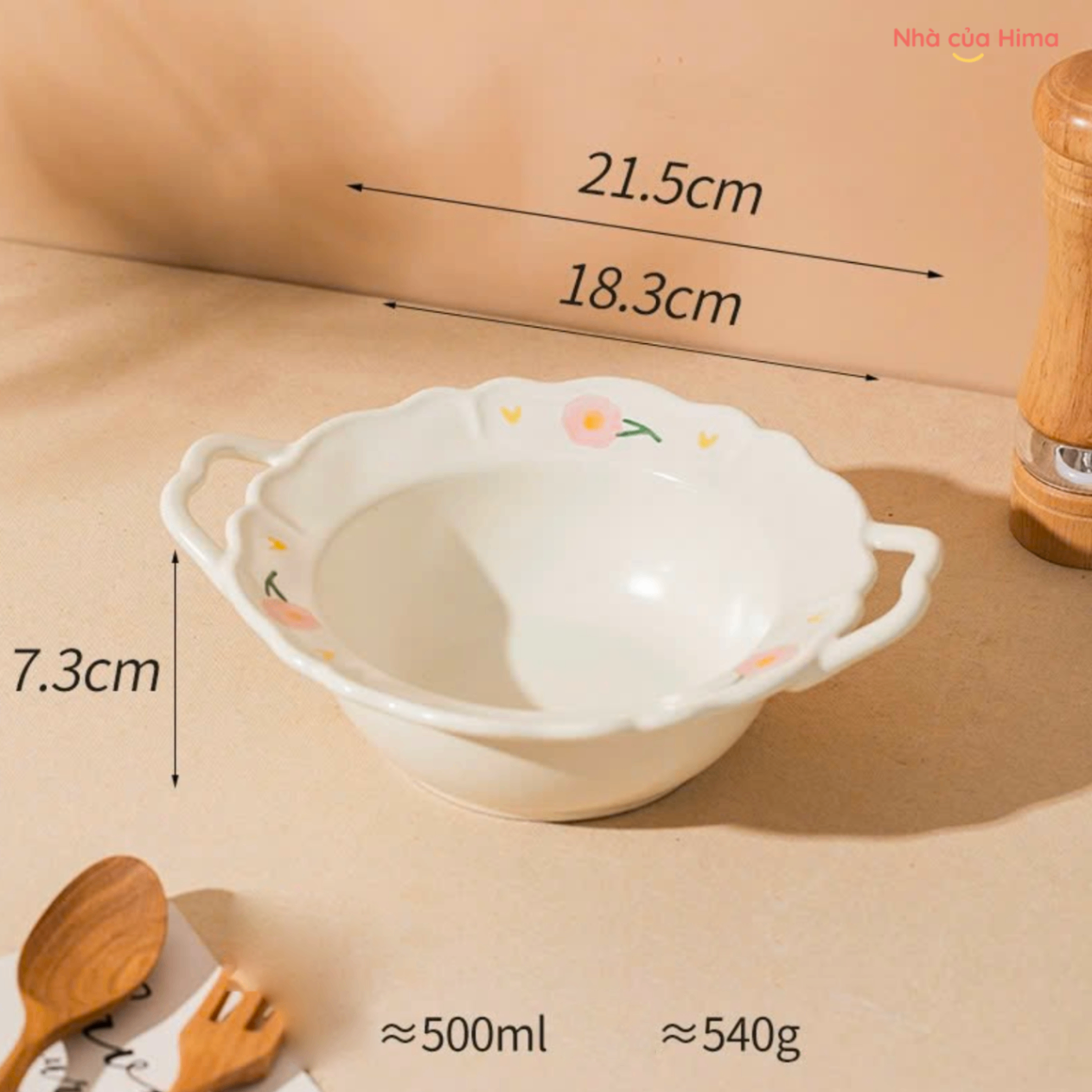 Tô sứ 2 quai hoạ tiết hoa xinh xắn 18.3cm*7.3cm (Miệng); 500ml