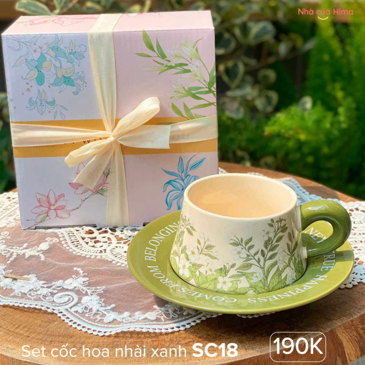Set cốc & đĩa quà tặng thắt nơ hoa nhài xanh SC18