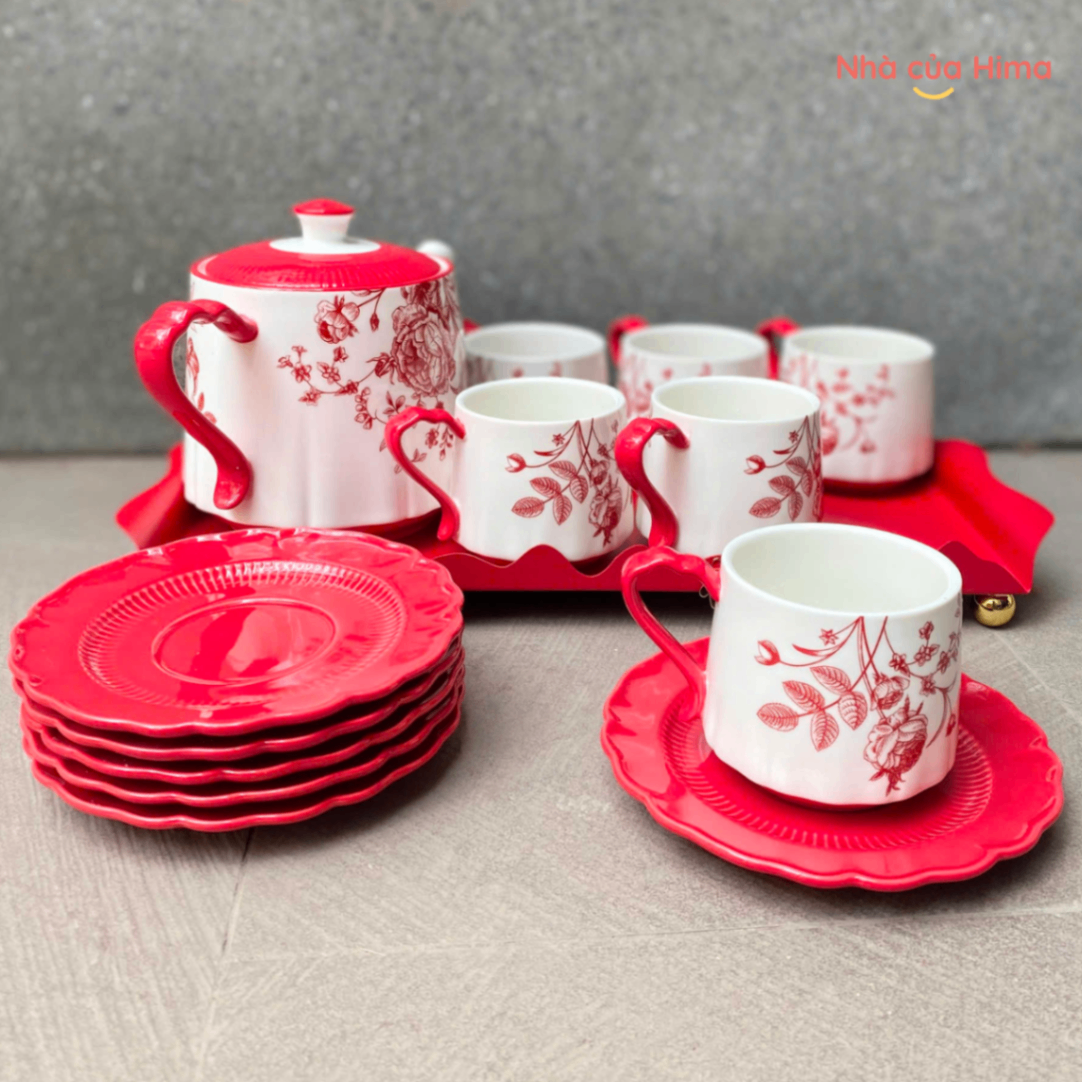 Bộ cốc sứ hoa hồng kèm ấm, đĩa và khay đóng hộp đẹp