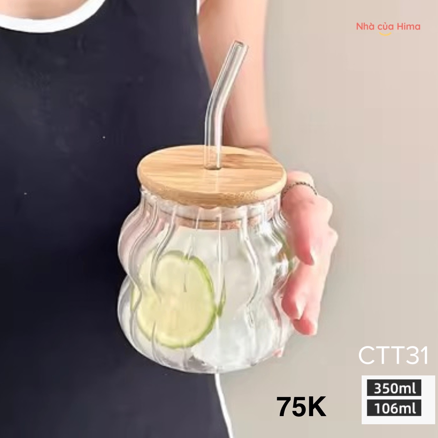 Cốc thuỷ tinh hình bí ngô borosilicate có nắp và ống hút 410ml