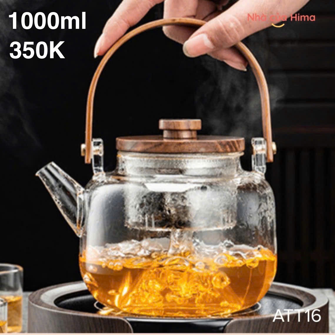 Ấm trà thuỷ tinh trong suốt 1000ml 2 lõi lọc nắp gỗ, quai gỗ óc chó ATT16