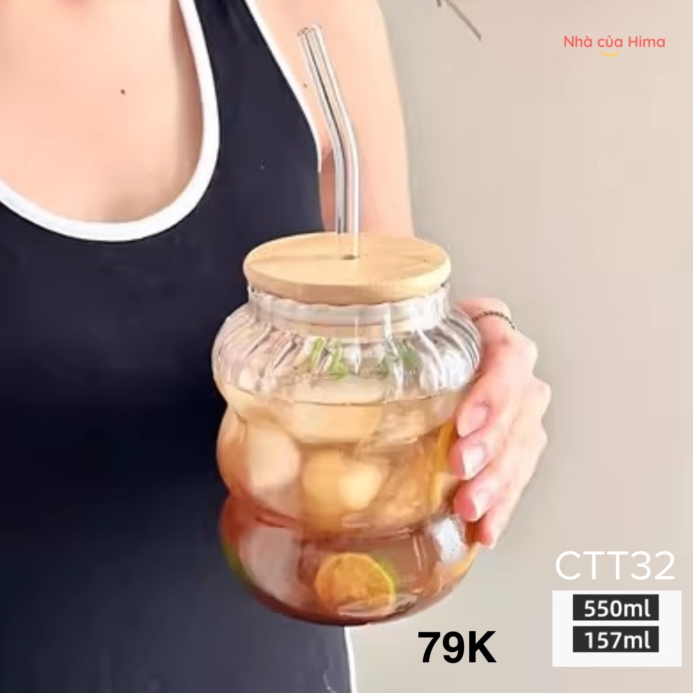 Cốc thuỷ tinh hình bí ngô borosilicate có nắp và ống hút 650ml
