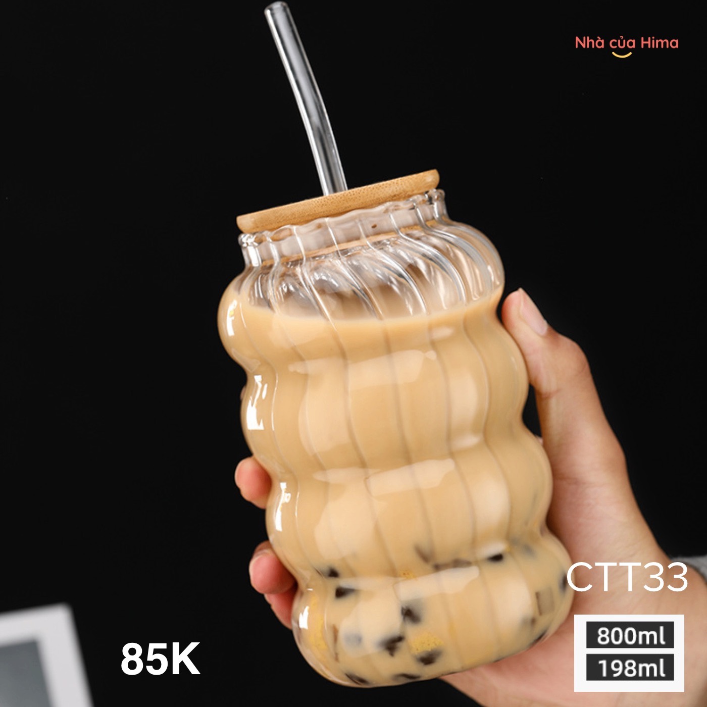 Cốc thuỷ tinh hình bí ngô borosilicate có nắp và ống hút 865ml