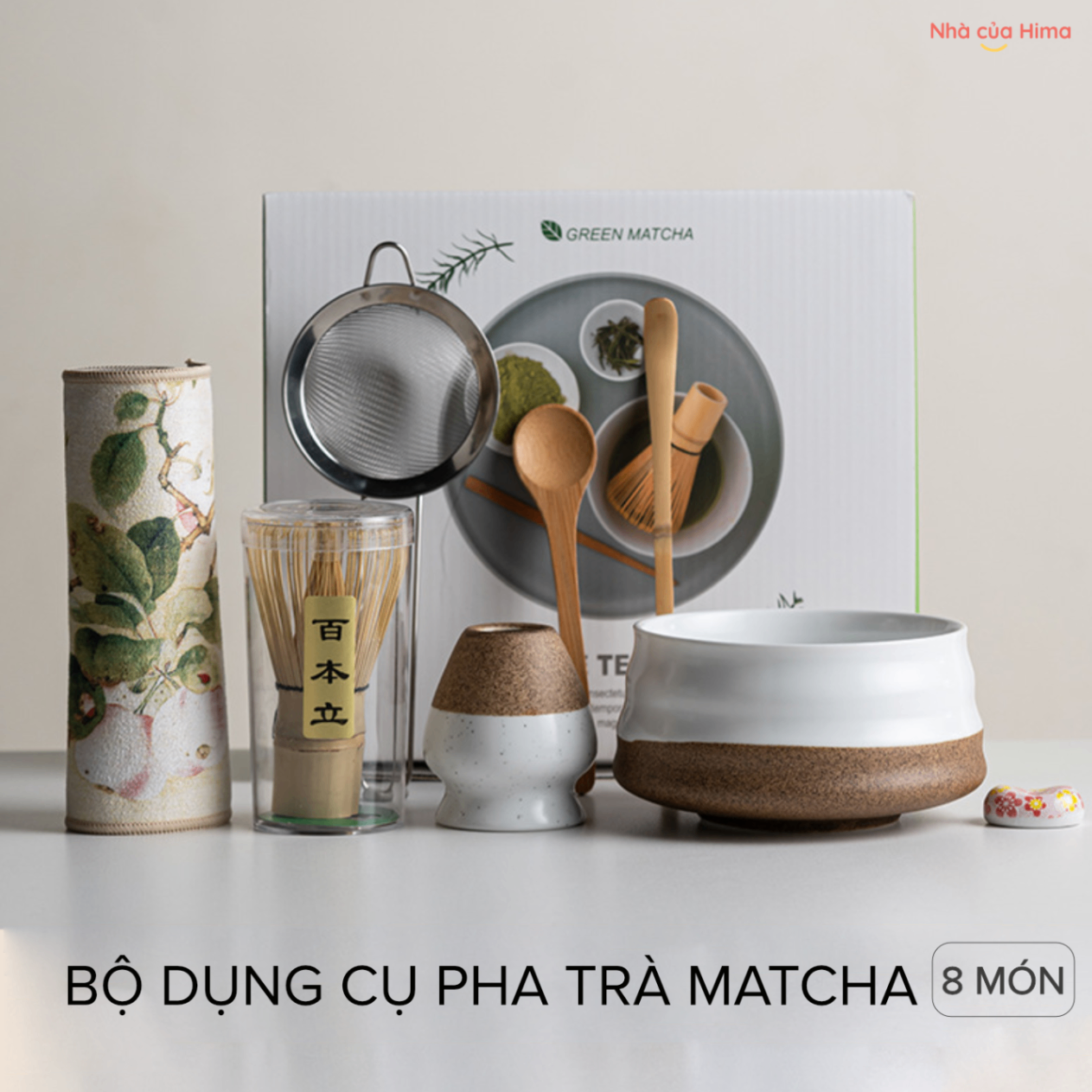 Bộ dụng cụ pha trà matcha 8 món men mộc