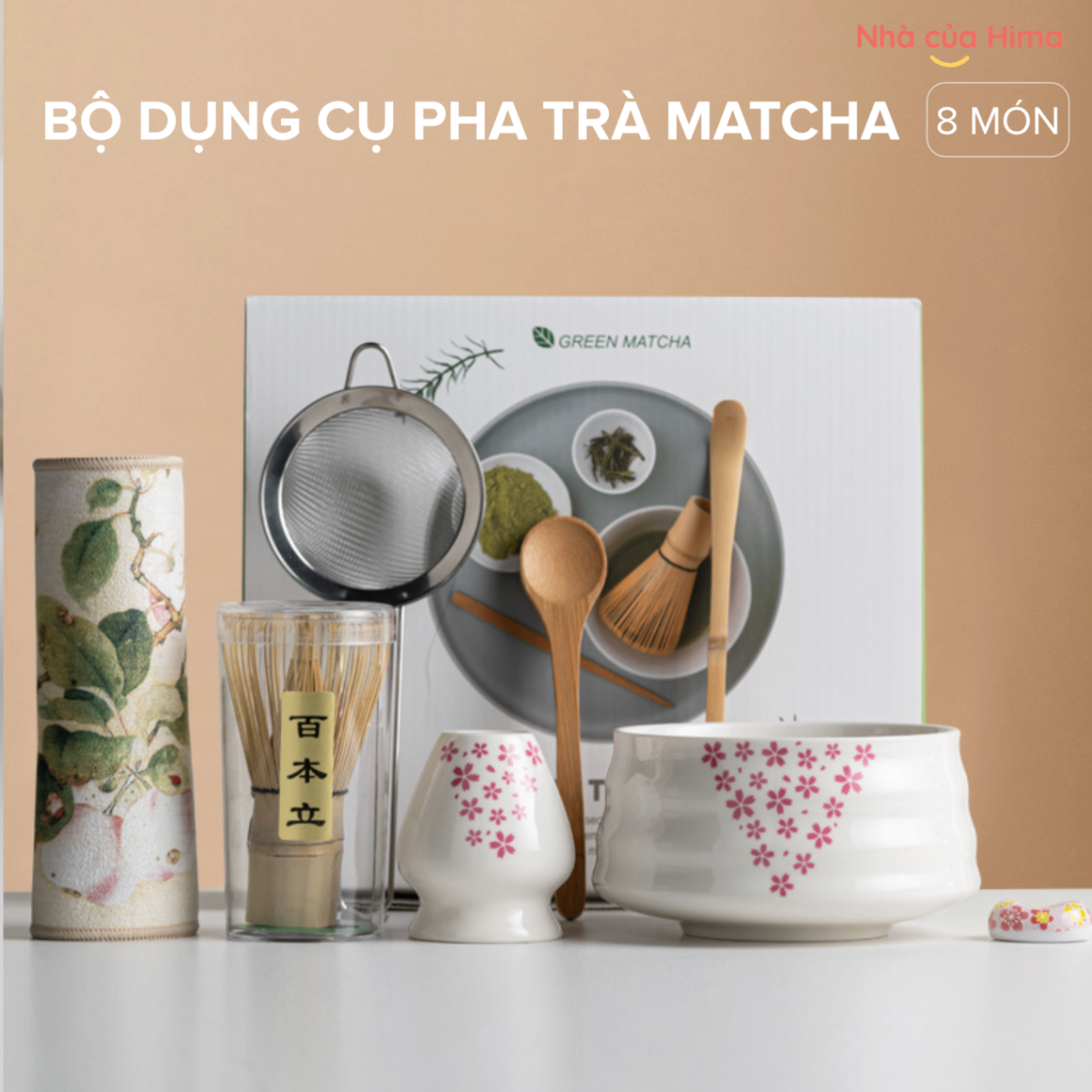 Bộ dụng cụ pha trà matcha 8 món hoạ tiết Sakura