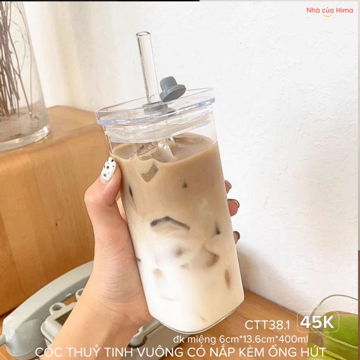 Cốc thuỷ tinh vuông có nắp kèm ống hút