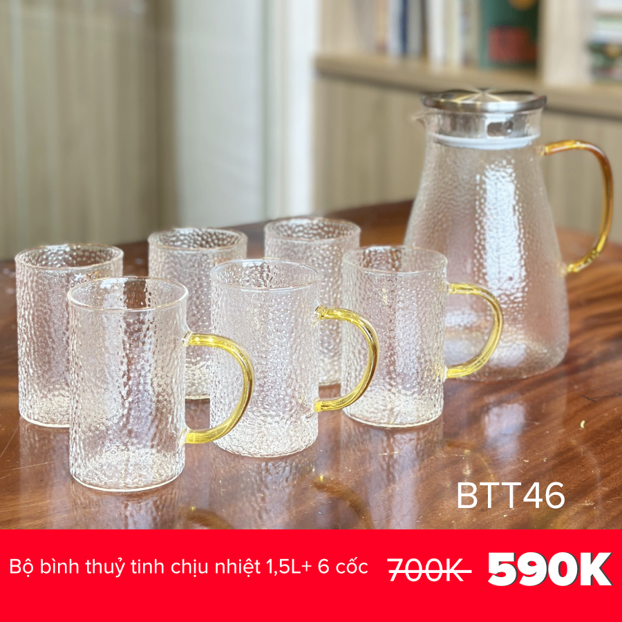 Bộ bình thuỷ tinh chịu nhiệt 1,5L+ 6 cốc nắp inox