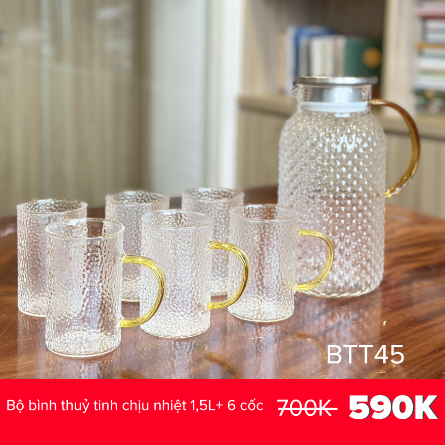 Bộ bình thuỷ tinh chịu nhiệt 1,5L+ 6 cốc