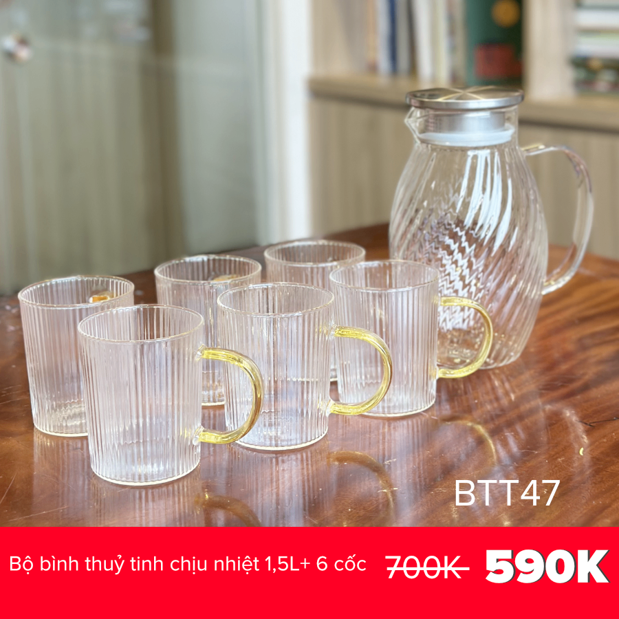 Bộ bình thuỷ tinh chịu nhiệt dáng tròn nắp inox 1,5L+ 6 cốc