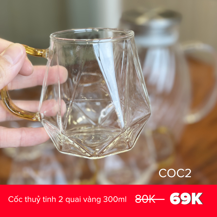 Cốc thuỷ tinh 2 quai vàng 300ml