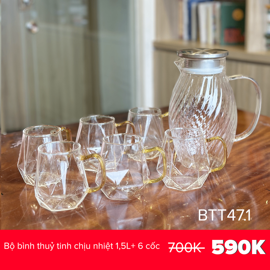 Bộ bình thuỷ tinh chịu nhiệt dáng tròn nắp inox 1,5L+ 6 cốc trụ