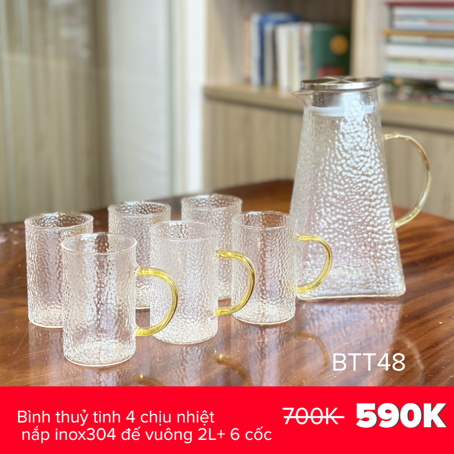 Bình thuỷ tinh 4 chịu nhiệt nắp inox304 đế vuông 2L+ 6 cốc