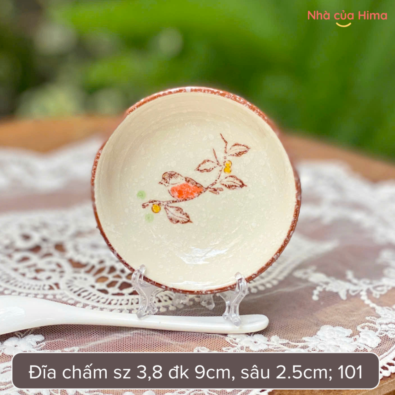 Đĩa chấm hoa và chim sz 3,8 đk 9cm, sâu 2.5cm