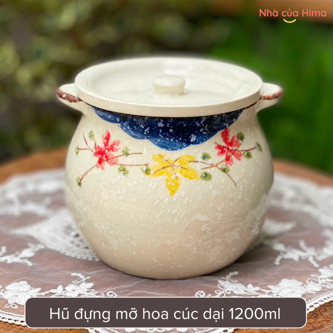 Hũ gốm đựng mỡ hoa cúc dại 1200ml kèm thìa