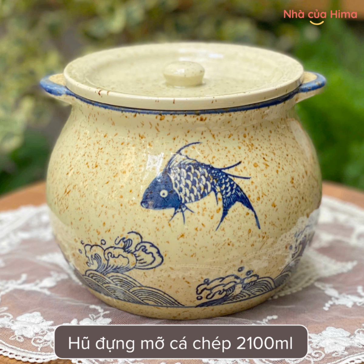 Hũ gốm đựng mỡ cá chép 2100ml kèm thìa