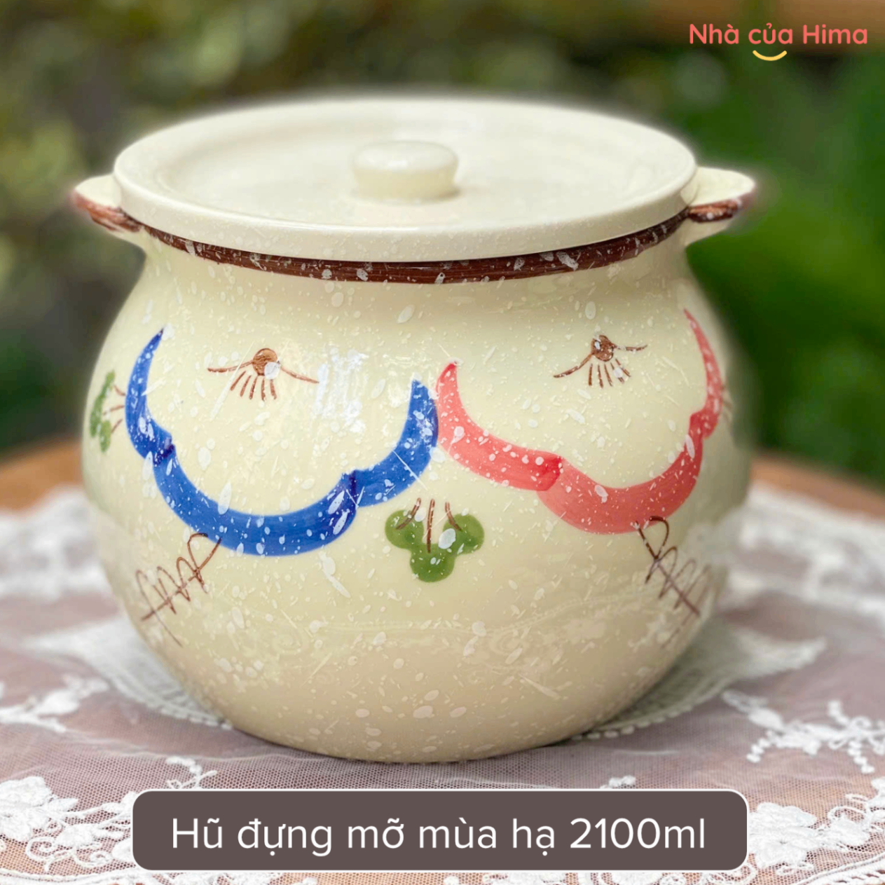 Hũ gốm đựng mỡ mùa hạ 2100ml kèm thìa