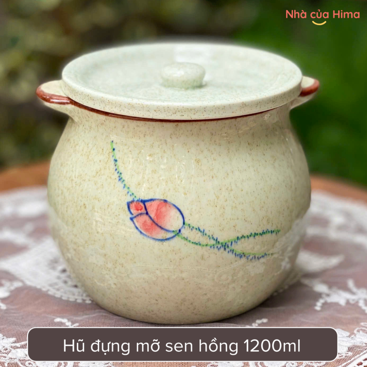 Hũ gốm đựng mỡ sen hồng 1200ml kèm thìa