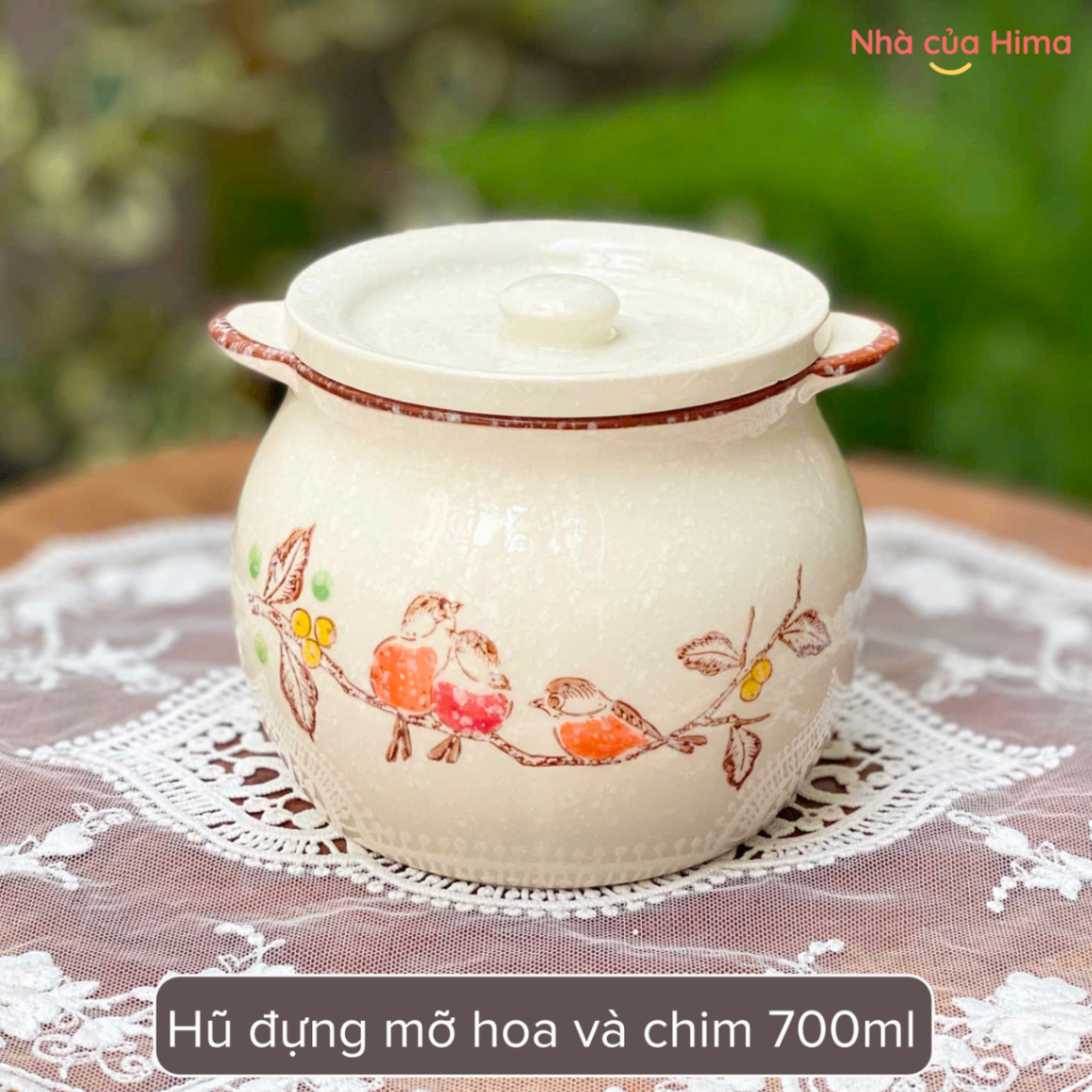 Hũ gốm đựng mỡ hoa và chim 700ml kèm thìa