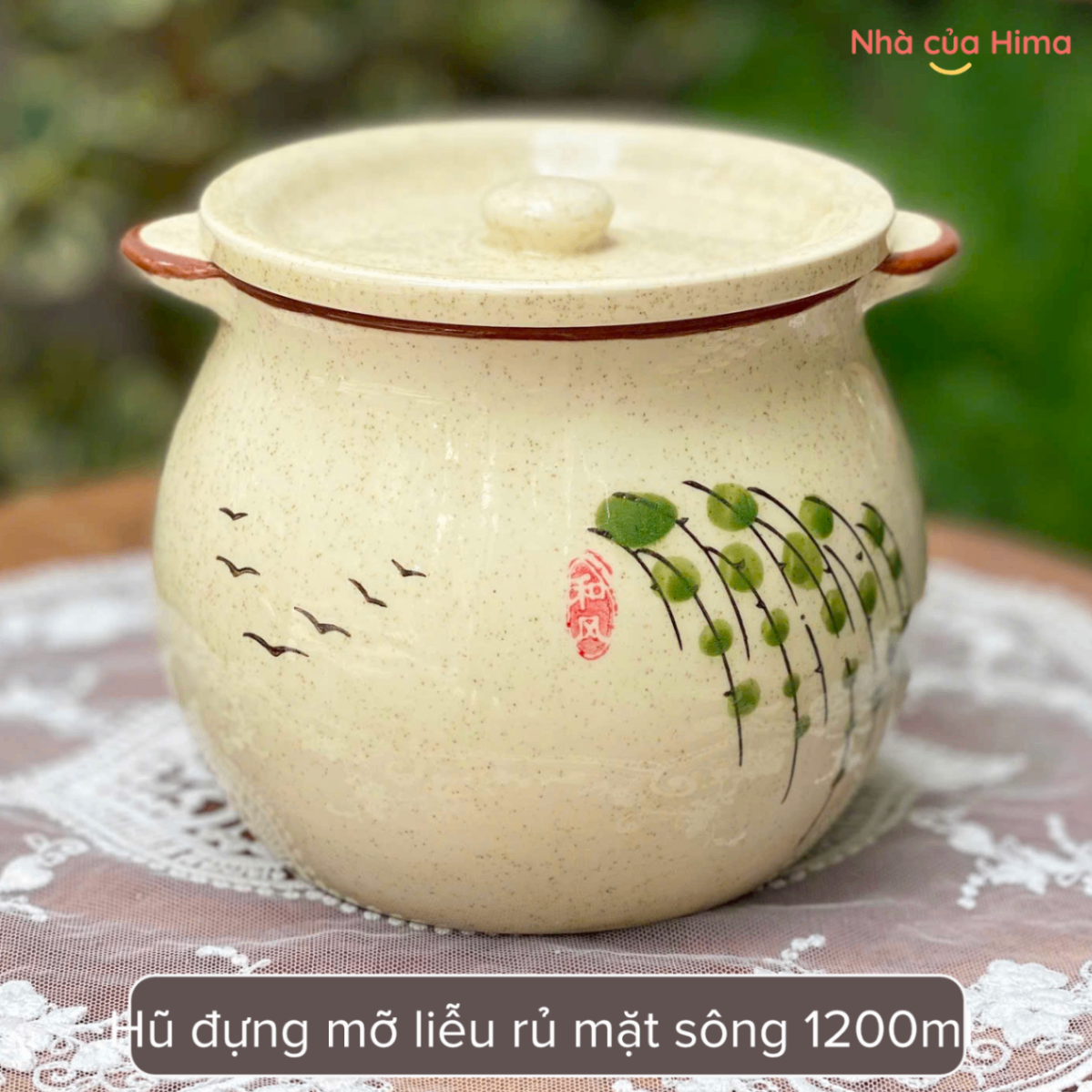Hũ gốm đựng mỡ liễu rủ mặt sông 1200ml kèm thìa