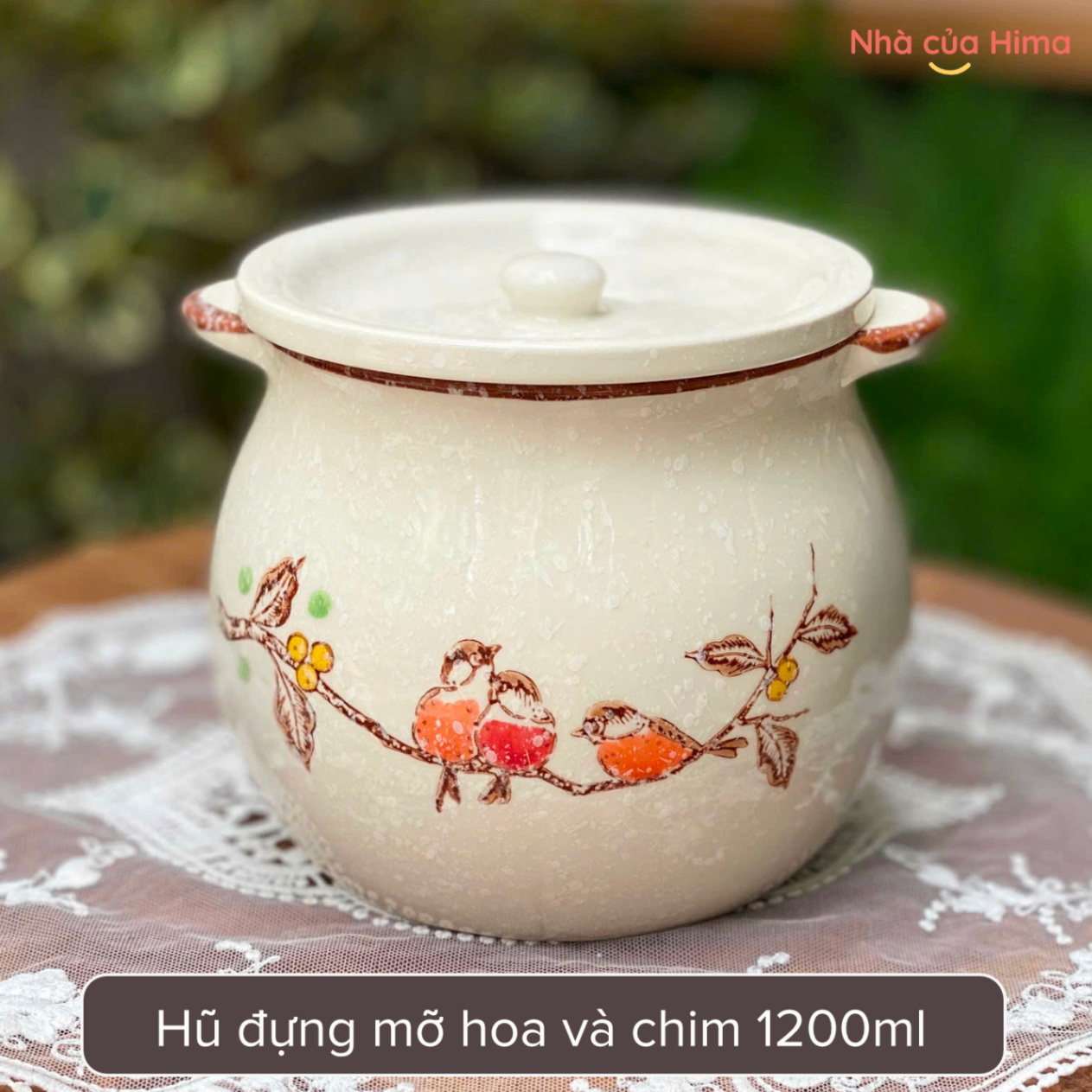 Hũ gốm đựng mỡ hoa và chim 1200ml kèm thìa