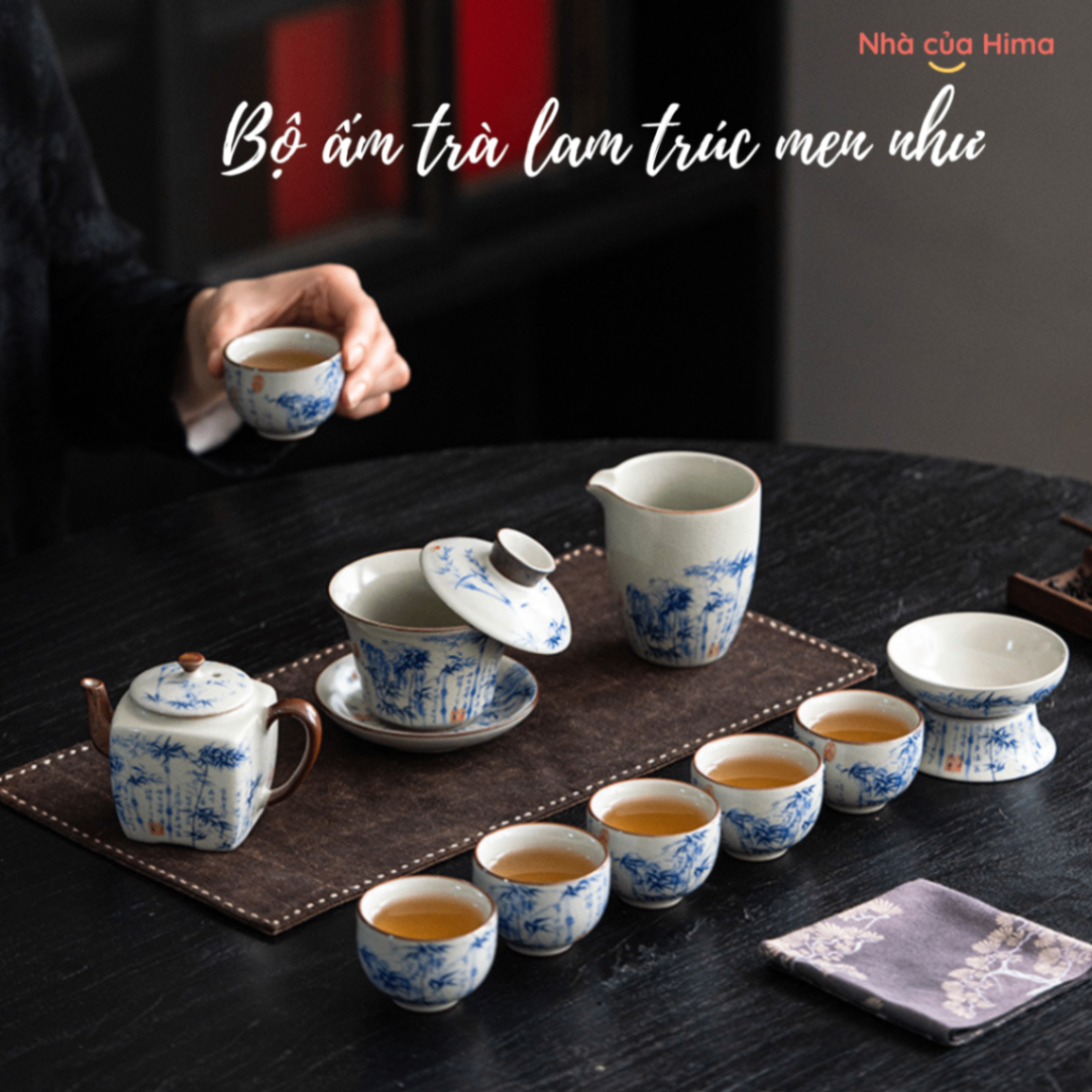 Bộ ấm lam trúc men Như gốm Đức Hoá
