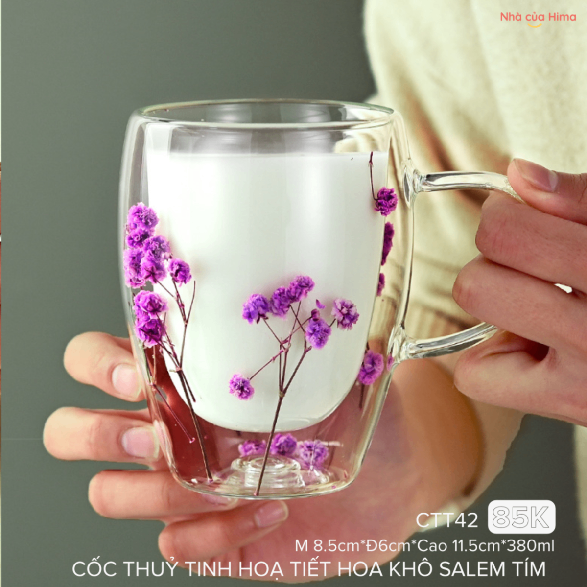Cốc thuỷ tinh 2 lớp chịu nhiệt hoạ tiết hoa khô salem tím