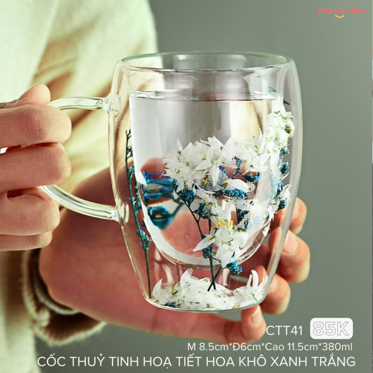 Cốc thuỷ tinh 2 lớp chịu nhiệt hoạ tiết hoa khô màu xanh trắng