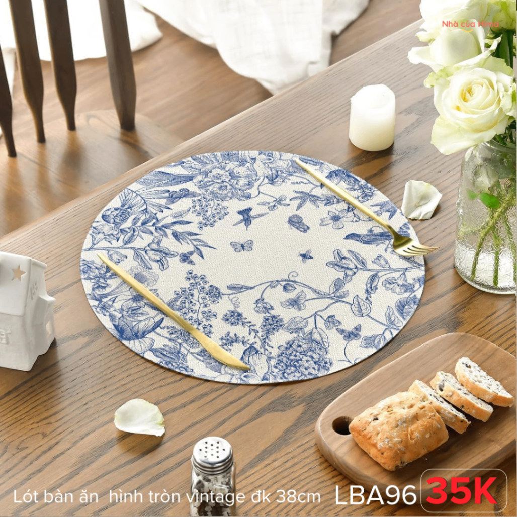 Lót bàn ăn hình tròn vintage hoa lam đk 38cm LBA96