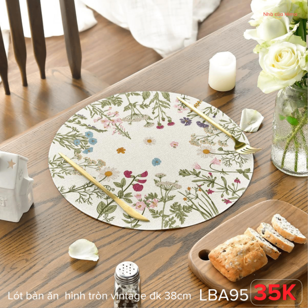 Lót bàn ăn hình tròn vintage hoa cỏ đk 38cm LBA95