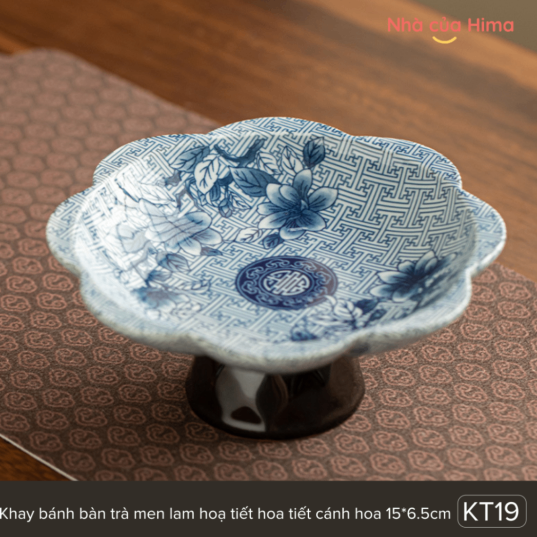 Đĩa chân cao/Khay bánh bàn trà men lam hoạt tiết cánh hoa 15*6.5cm