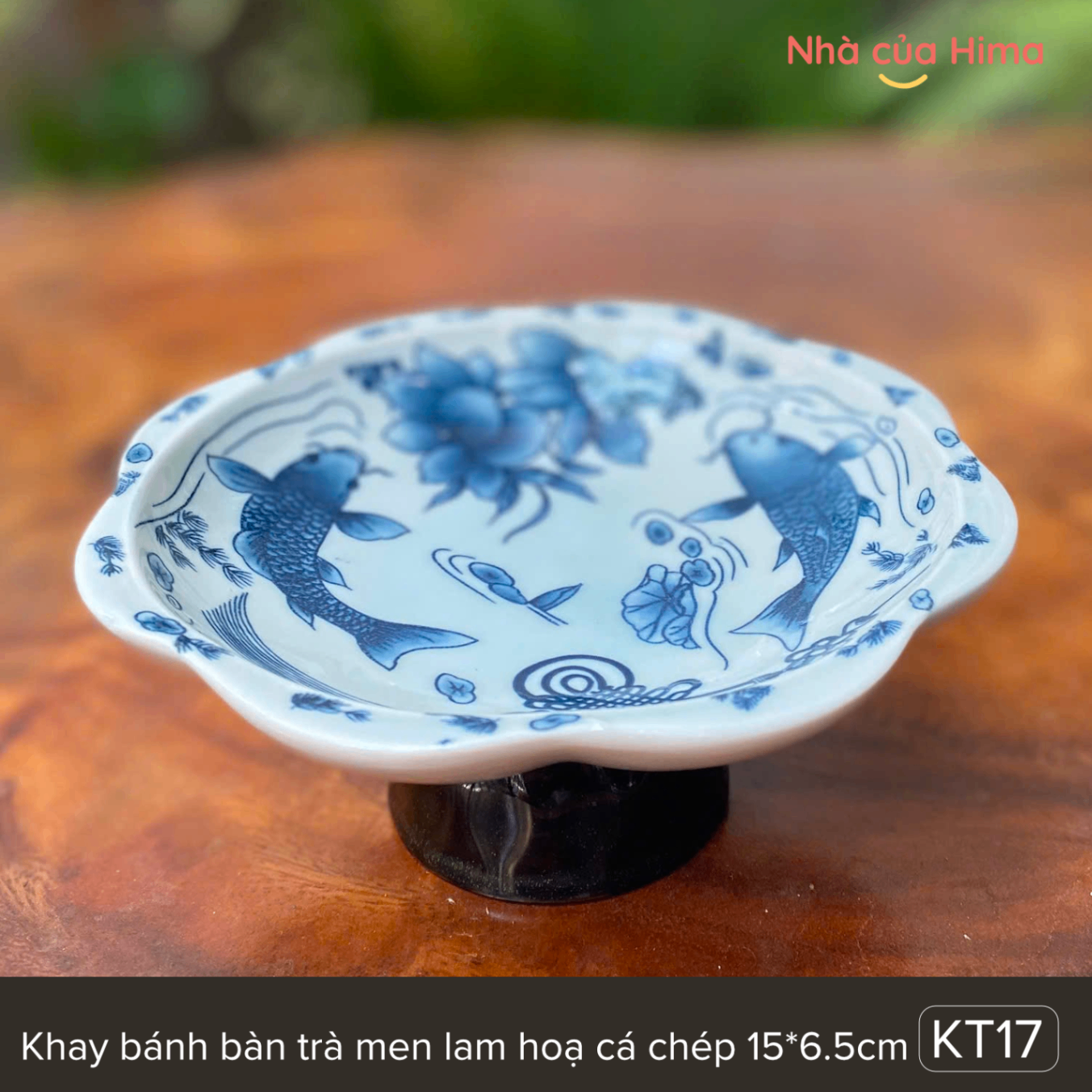 Đĩa chân cao/Khay bánh bàn trà men lam hoạt tiết cá chép 15*6.5cm