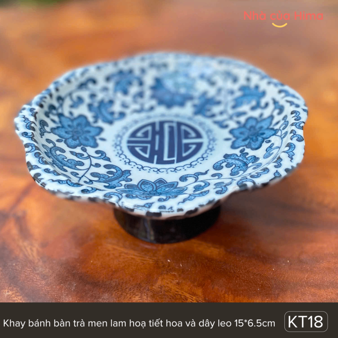 Đĩa chân cao/Khay bánh bàn trà men lam hoạt tiết hoa và dây leo 15*6.5cm