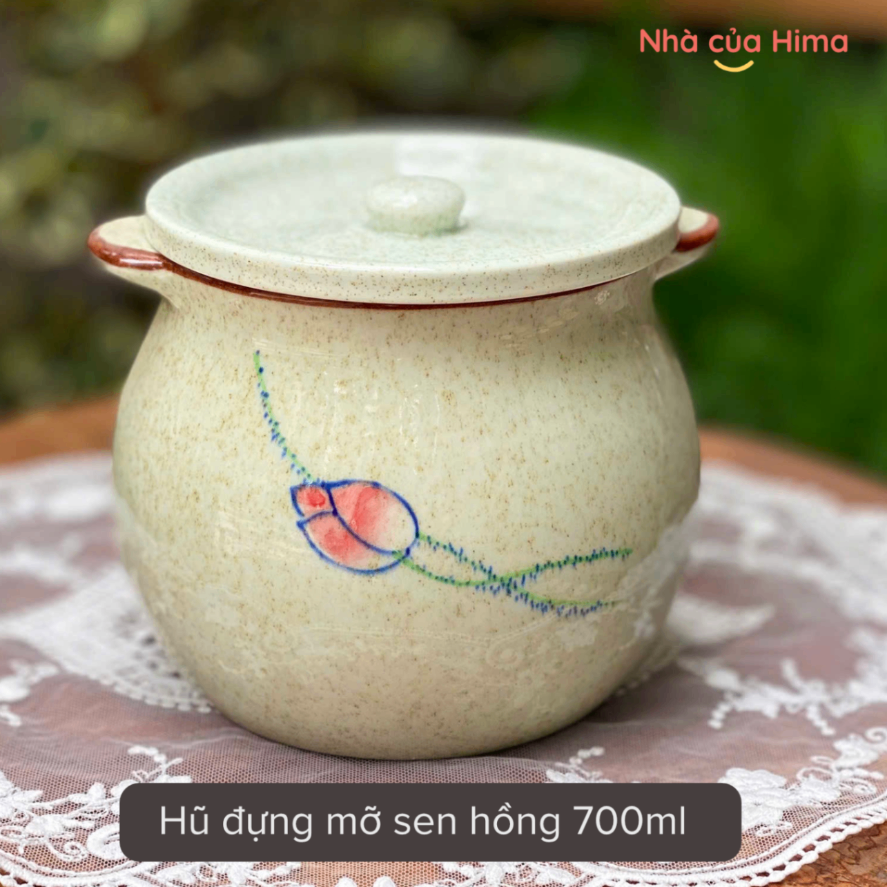 Hũ gốm đựng mỡ sen hồng 700ml kèm thìa