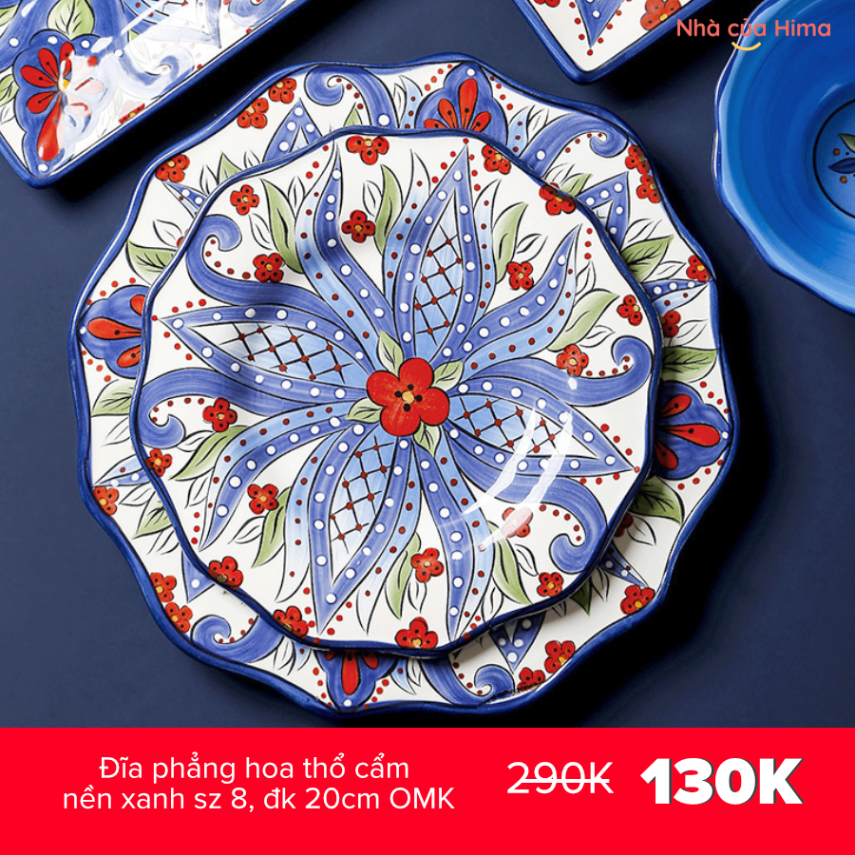 Đĩa phẳng hoa thổ cẩm nền xanh sz 8, đk 20cm OMK