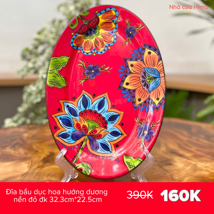 Đĩa bầu dục hoa hướng dương nền đỏ đk 32.3cm