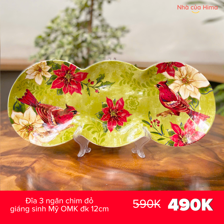 Đĩa 3 ngăn chim đỏ giáng sinh Mỹ OMK đk 12cm
