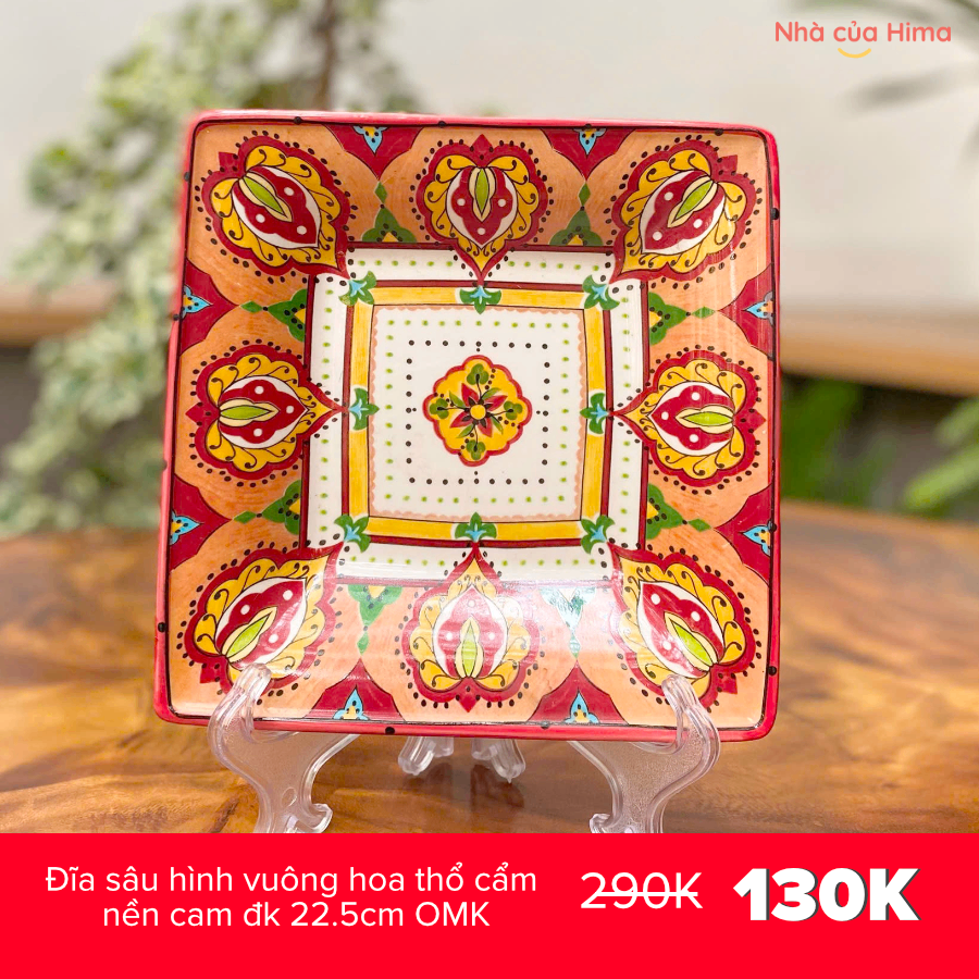 Đĩa sâu hình vuông hoa thổ cẩm nền cam đk 22.5cm OMK