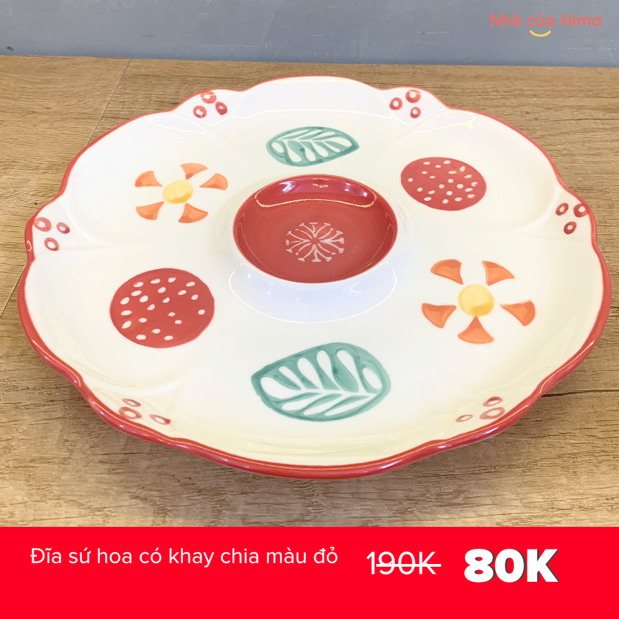 Đĩa sứ hoa có khay chia màu đỏ