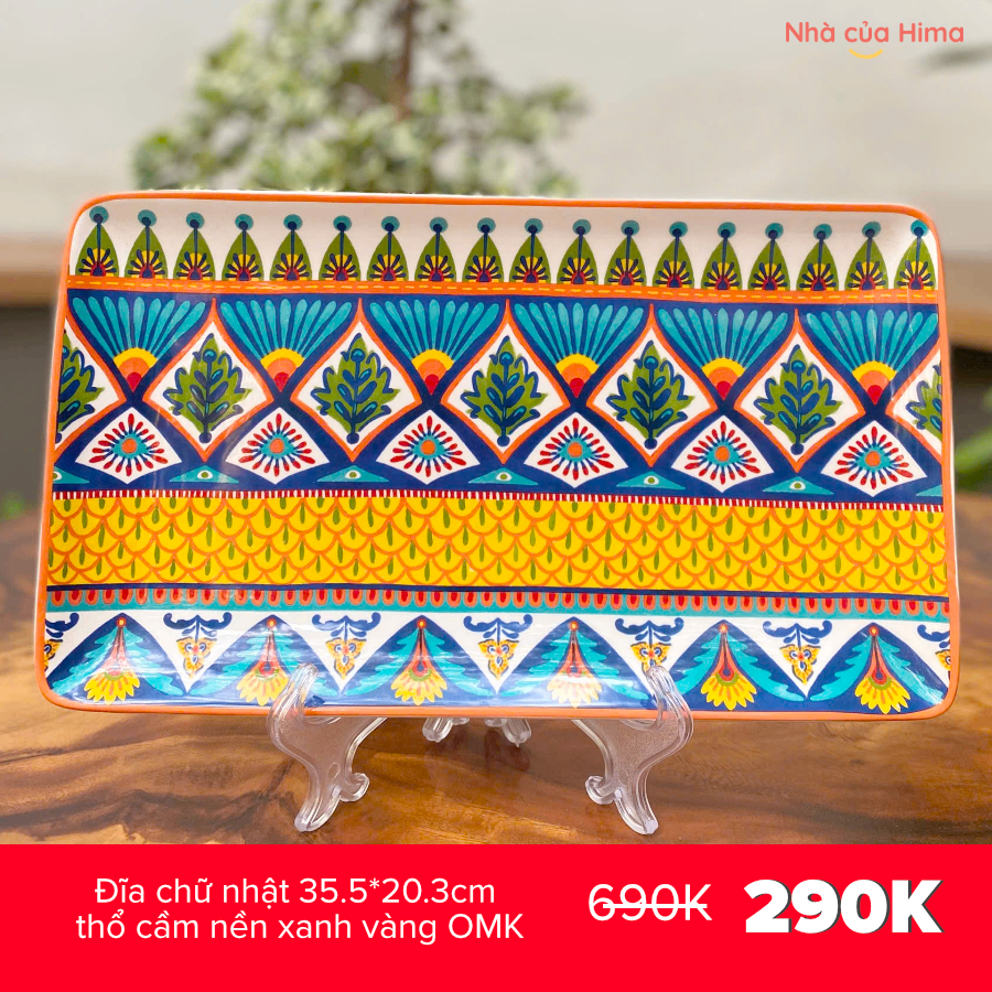 Đĩa chữ nhật 35.5*20.3cm thổ cầm nền xanh vàng OMK