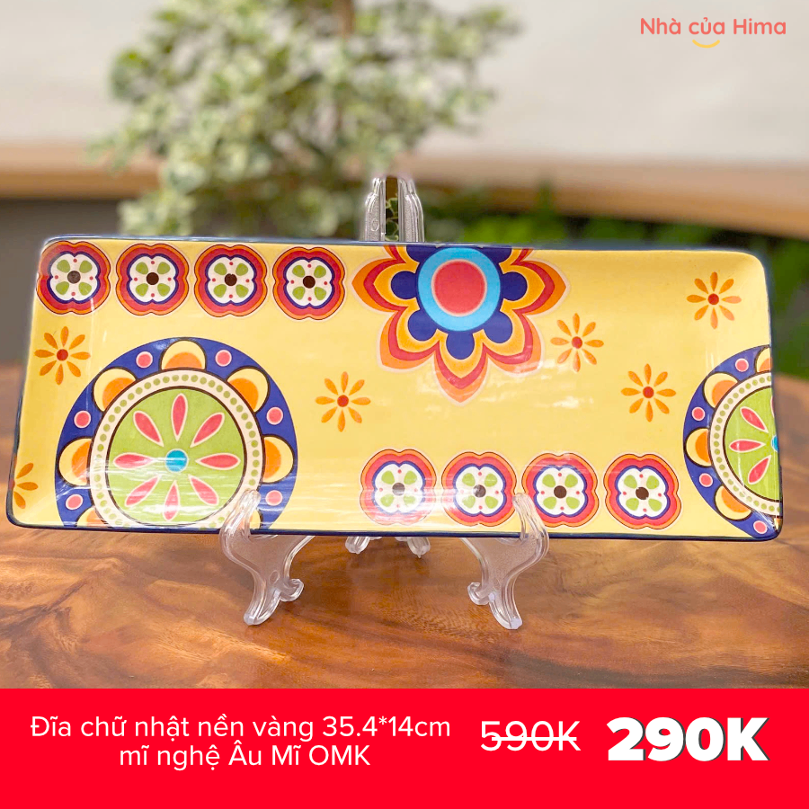 Đĩa chữ nhật nền vàng 35.4*14cm mĩ nghệ OMK