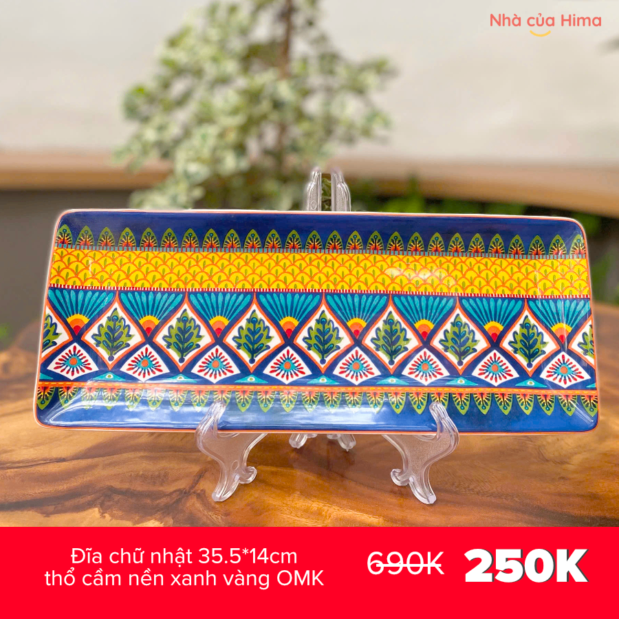 Đĩa chữ nhật 35.5*14cm thổ cầm nền xanh vàng OMK
