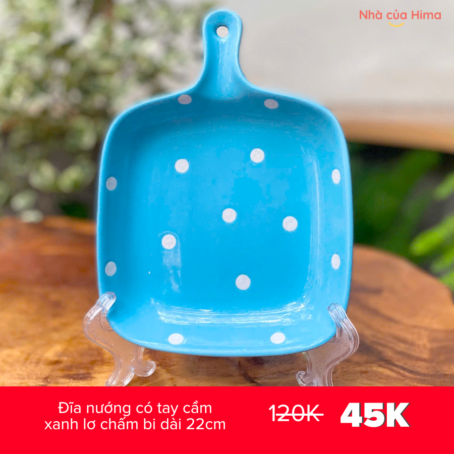 Đĩa nướng có tay cầm xanh lơ chấm bi dài 22cm