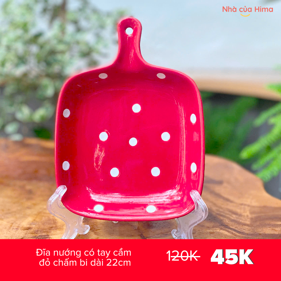 Đĩa nướng có tay cầm đỏ chấm bi dài 22cm