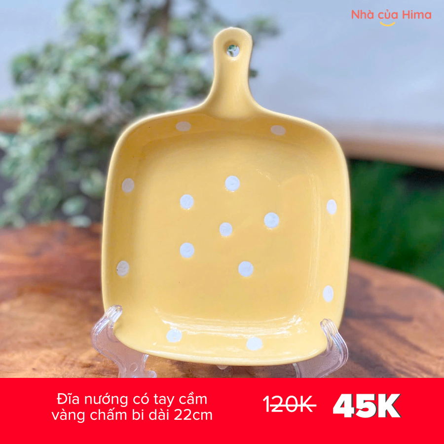 Đĩa nướng có tay cầm vàng chấm bi dài 22cm