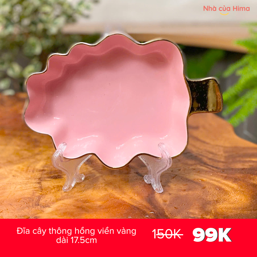 Đĩa cây thông hồng viền vàng dài 17.5cm